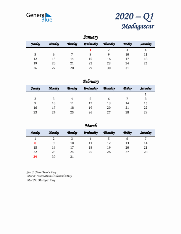 January, February, and March Calendar for Madagascar with Sunday Start