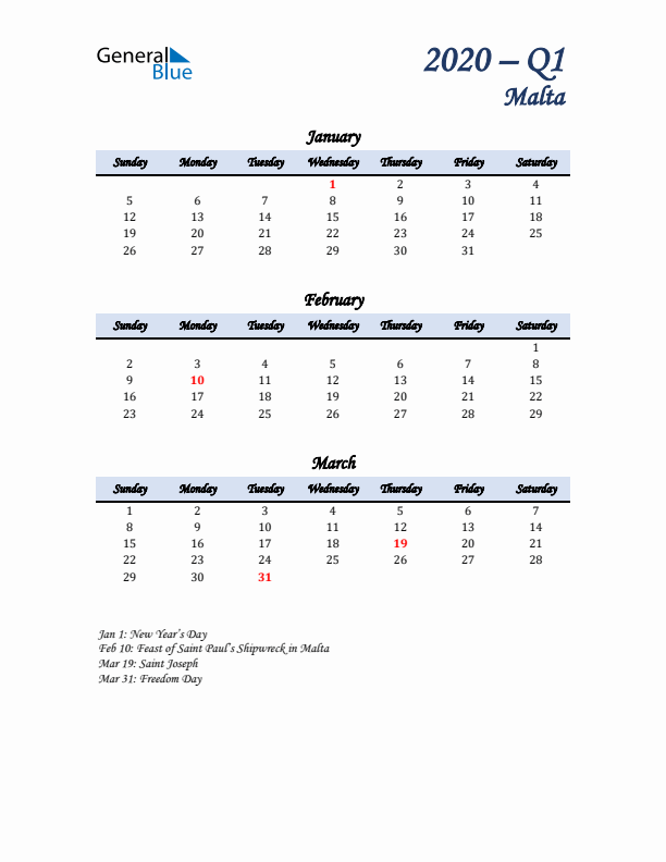 January, February, and March Calendar for Malta with Sunday Start