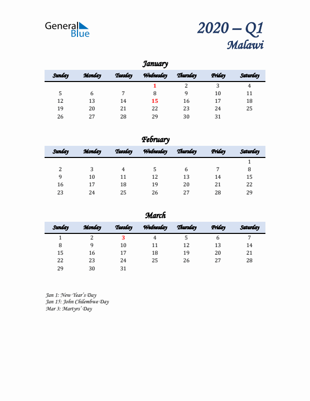 January, February, and March Calendar for Malawi with Sunday Start