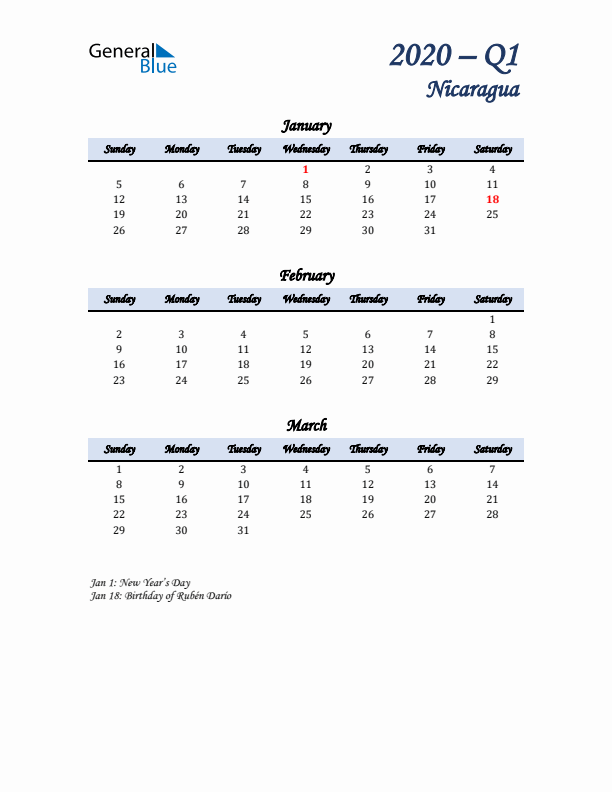 January, February, and March Calendar for Nicaragua with Sunday Start