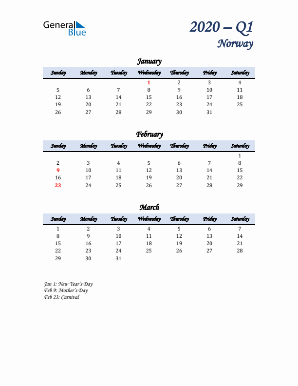 January, February, and March Calendar for Norway with Sunday Start