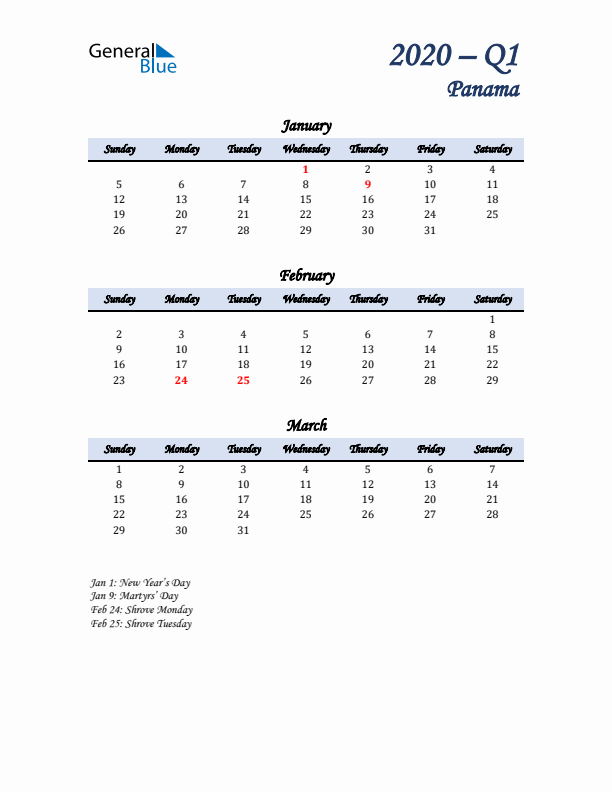 January, February, and March Calendar for Panama with Sunday Start