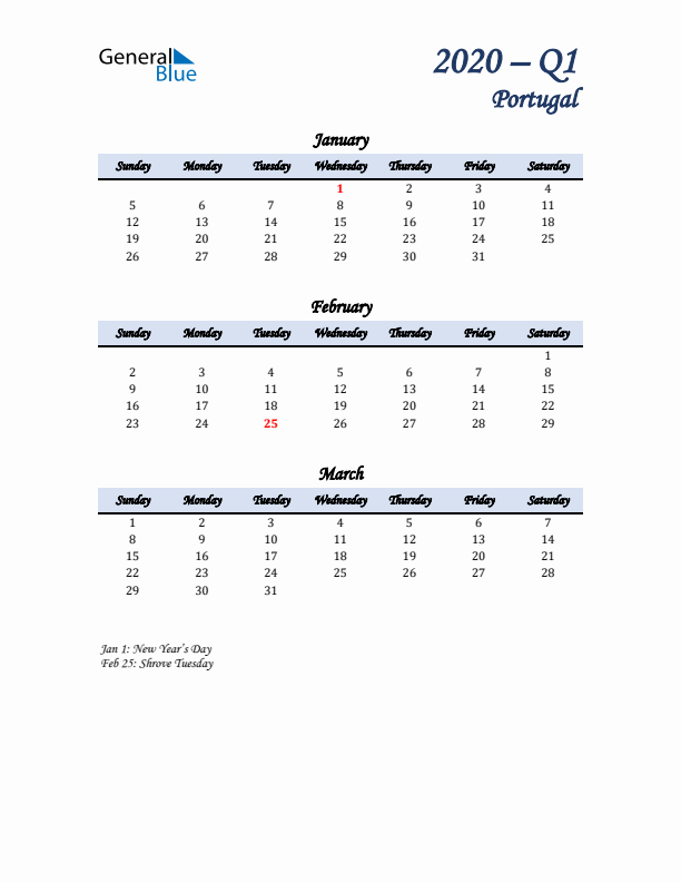 January, February, and March Calendar for Portugal with Sunday Start