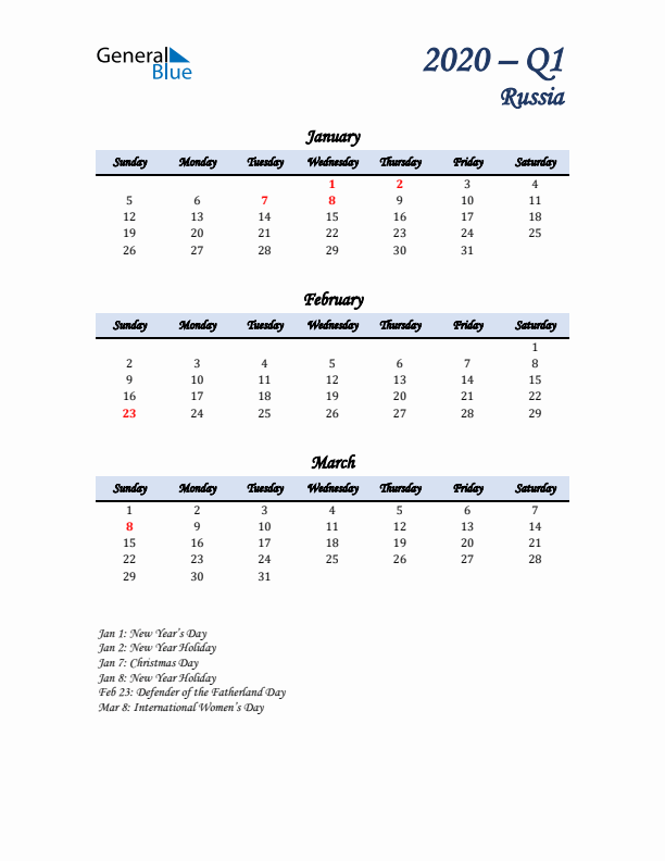 January, February, and March Calendar for Russia with Sunday Start