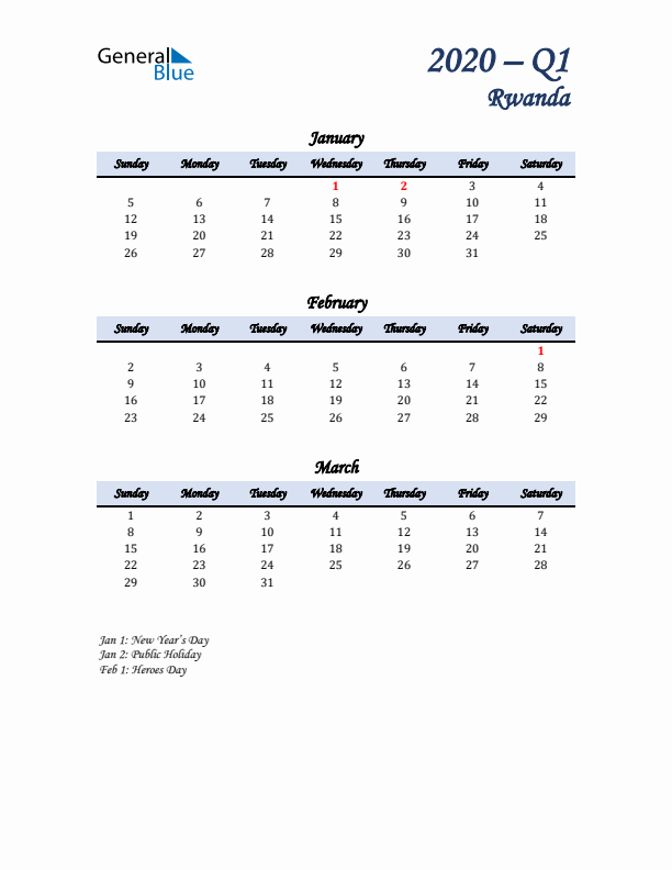 January, February, and March Calendar for Rwanda with Sunday Start