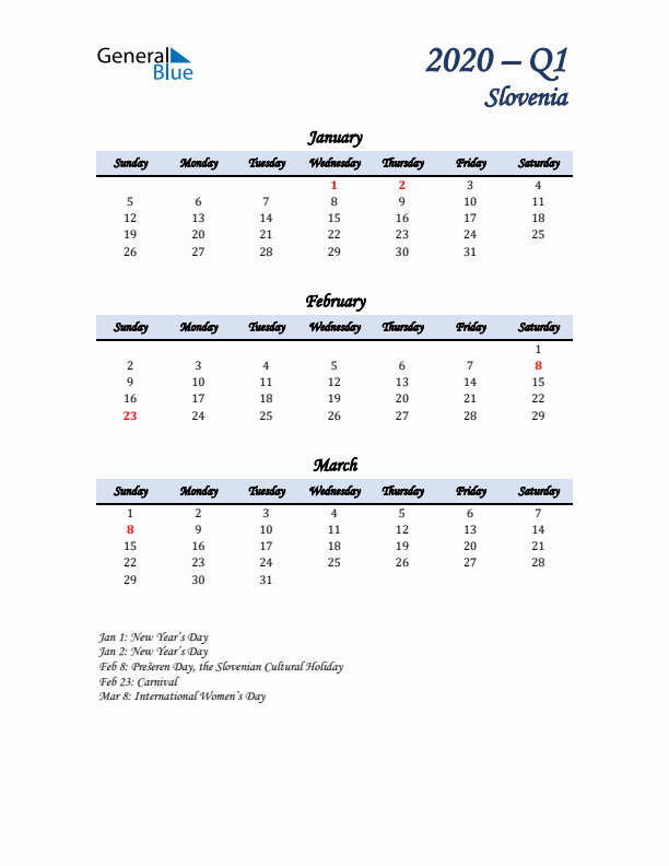 January, February, and March Calendar for Slovenia with Sunday Start