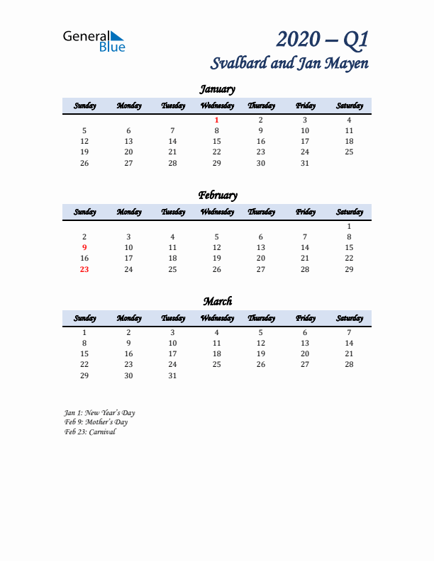 January, February, and March Calendar for Svalbard and Jan Mayen with Sunday Start