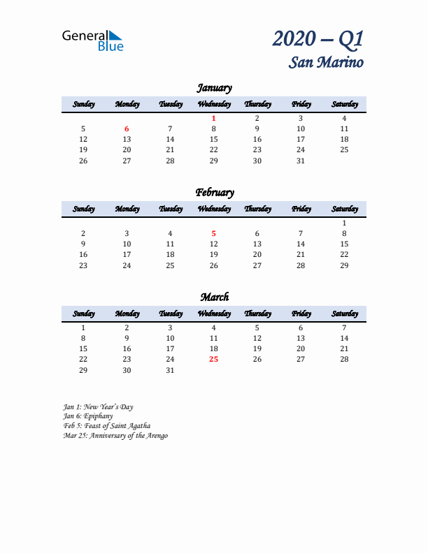 January, February, and March Calendar for San Marino with Sunday Start