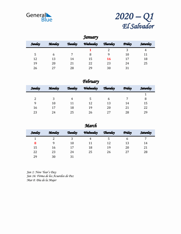 January, February, and March Calendar for El Salvador with Sunday Start