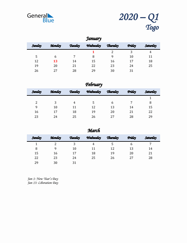 January, February, and March Calendar for Togo with Sunday Start