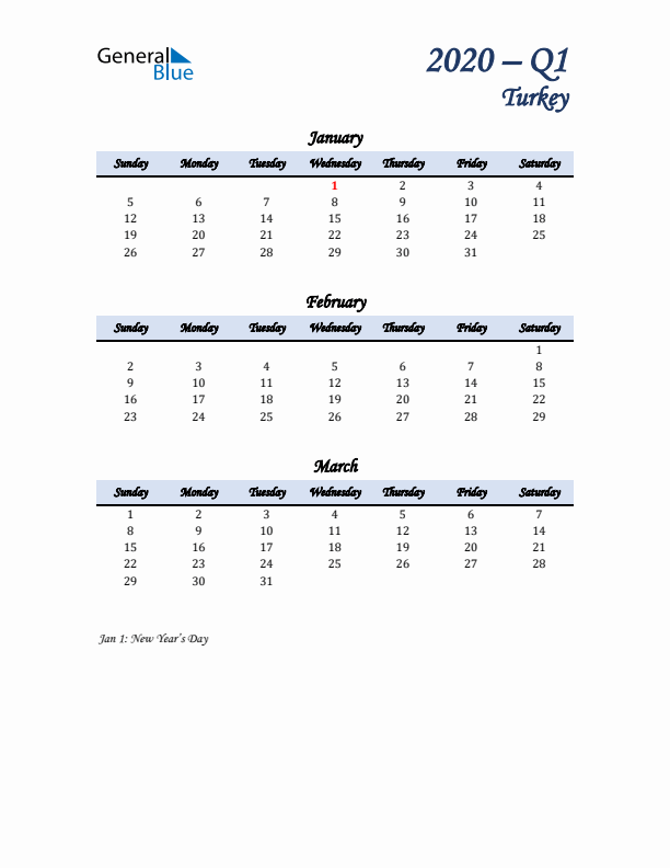 January, February, and March Calendar for Turkey with Sunday Start