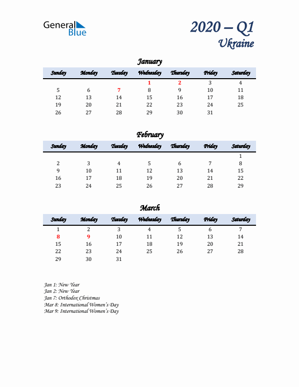 January, February, and March Calendar for Ukraine with Sunday Start