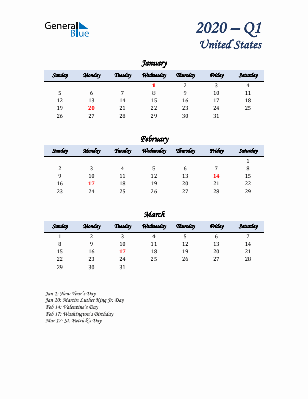 January, February, and March Calendar for United States with Sunday Start