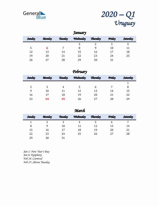 January, February, and March Calendar for Uruguay with Sunday Start