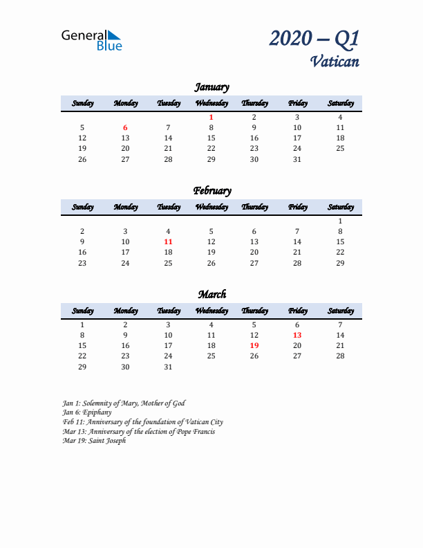 January, February, and March Calendar for Vatican with Sunday Start