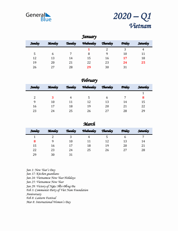 January, February, and March Calendar for Vietnam with Sunday Start