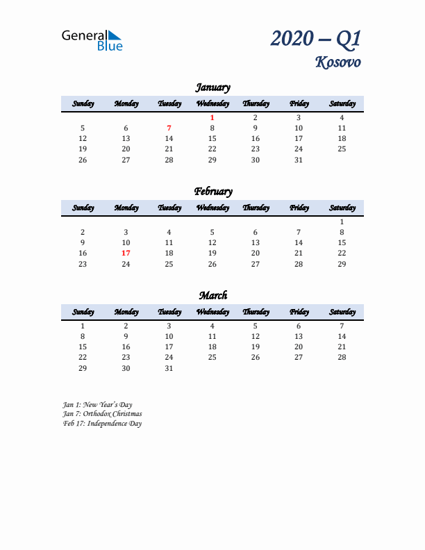 January, February, and March Calendar for Kosovo with Sunday Start