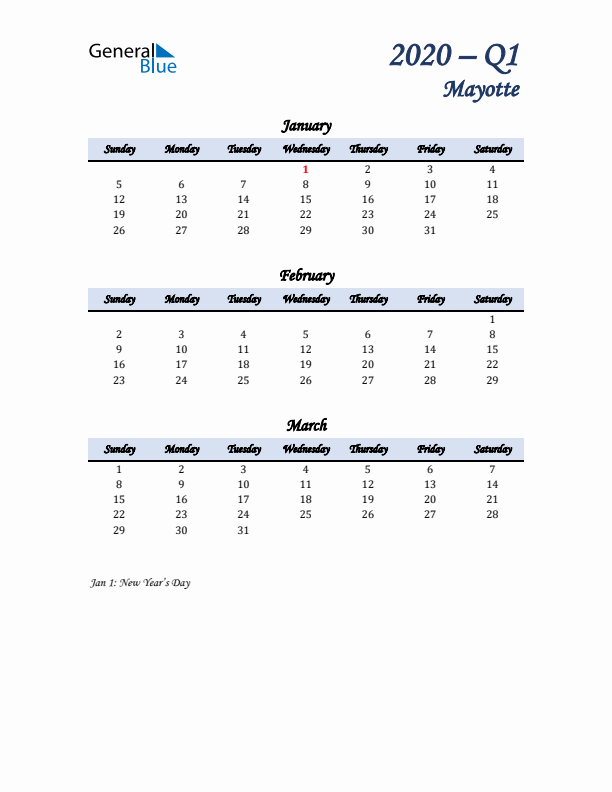 January, February, and March Calendar for Mayotte with Sunday Start