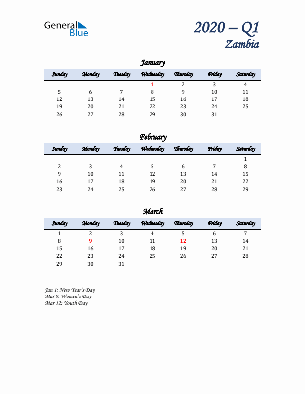 January, February, and March Calendar for Zambia with Sunday Start