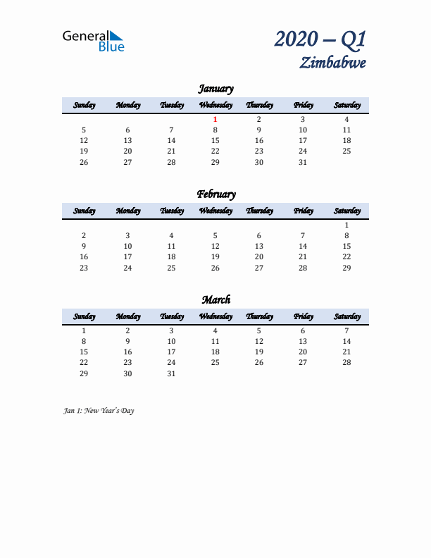 January, February, and March Calendar for Zimbabwe with Sunday Start