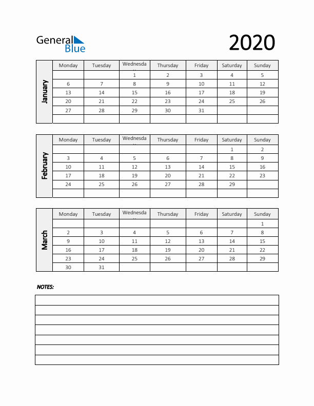 Q1 2020 Calendar with Notes