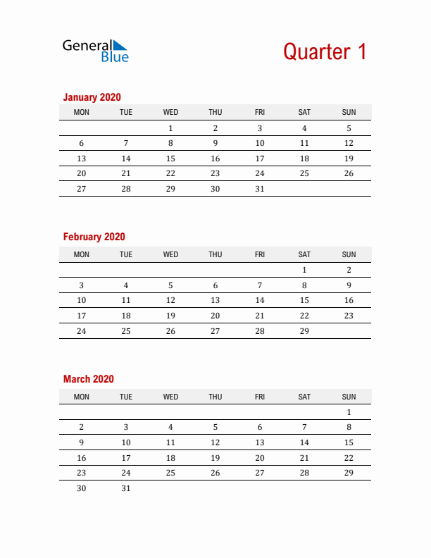 Three-Month Printable Calendar 2020