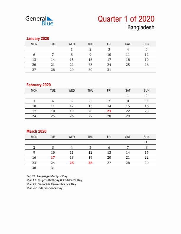 Printable Three Month Calendar with Bangladesh Holidays