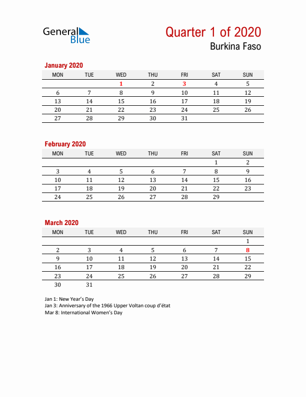 Printable Three Month Calendar with Burkina Faso Holidays