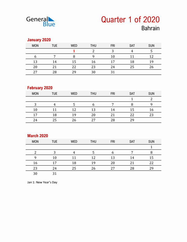 Printable Three Month Calendar with Bahrain Holidays