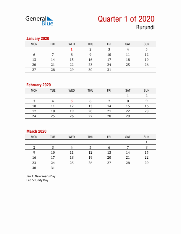 Printable Three Month Calendar with Burundi Holidays