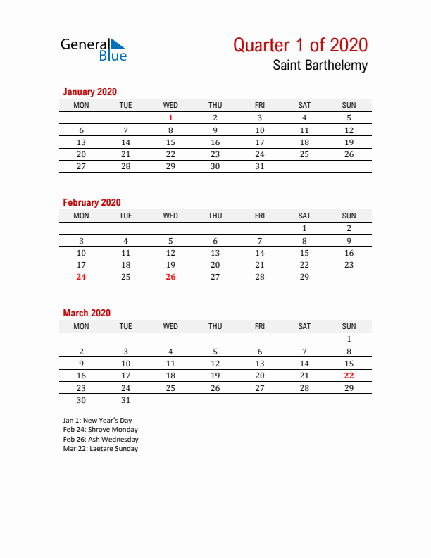 Printable Three Month Calendar with Saint Barthelemy Holidays