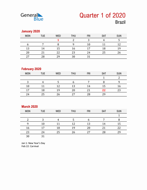 Printable Three Month Calendar with Brazil Holidays