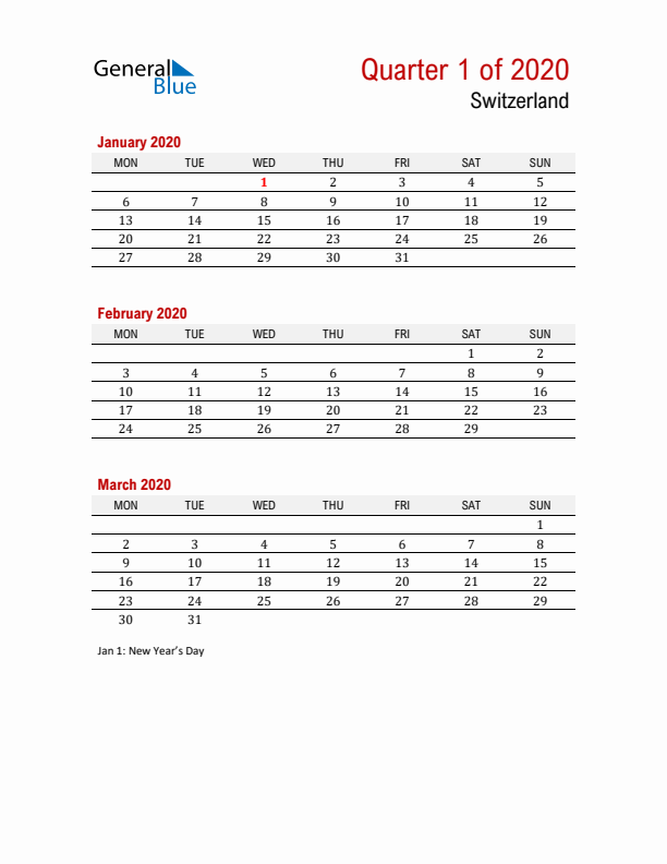 Printable Three Month Calendar with Switzerland Holidays