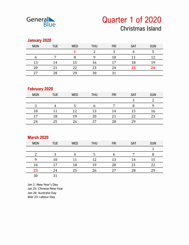 Printable Three Month Calendar with Christmas Island Holidays