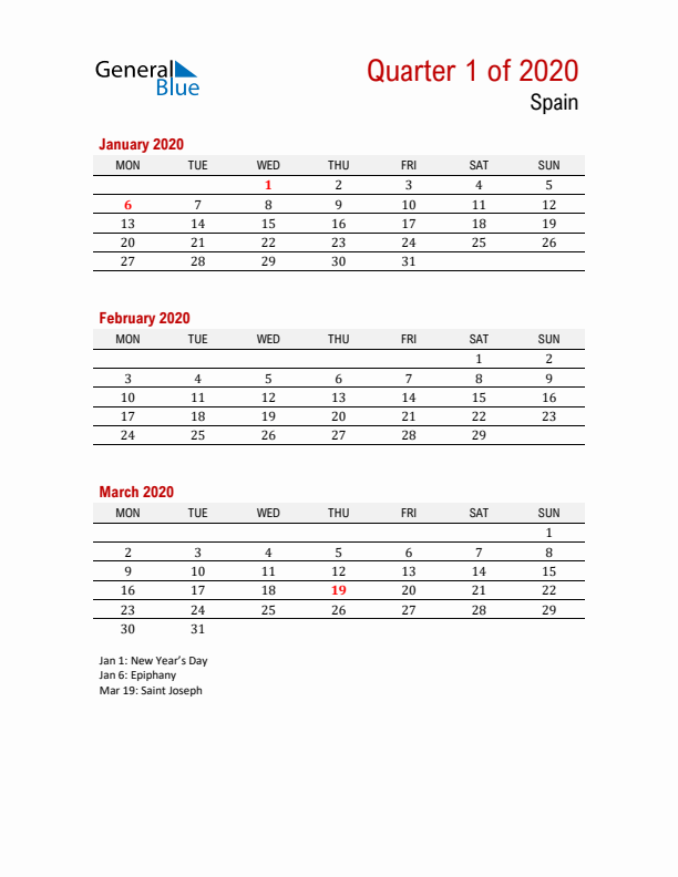 Printable Three Month Calendar with Spain Holidays