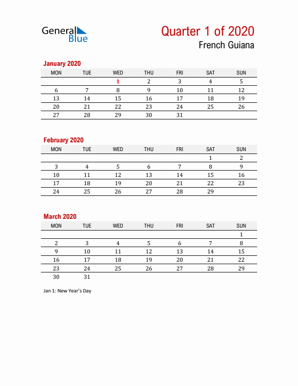 Printable Three Month Calendar with French Guiana Holidays