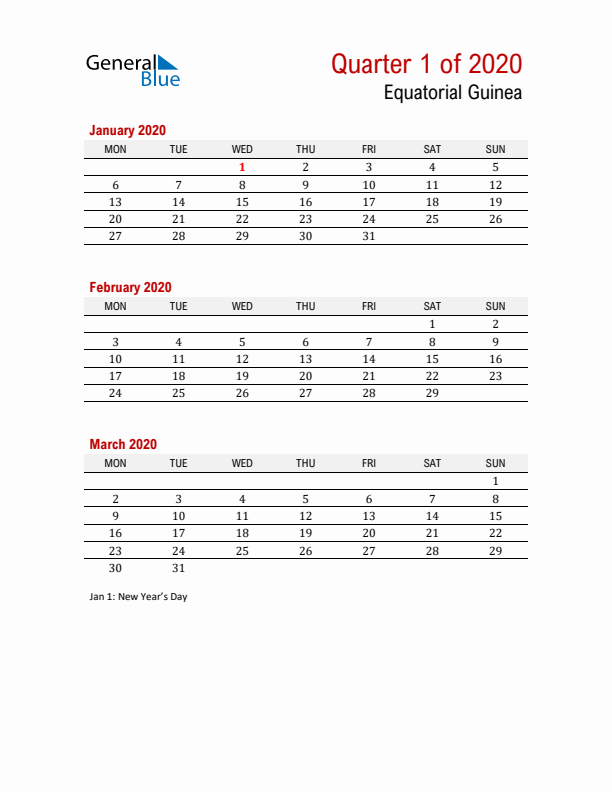 Printable Three Month Calendar with Equatorial Guinea Holidays