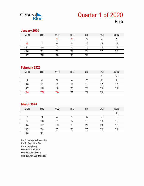 Printable Three Month Calendar with Haiti Holidays