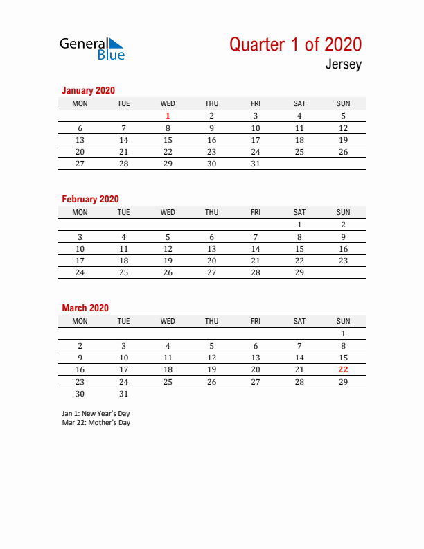 Printable Three Month Calendar with Jersey Holidays