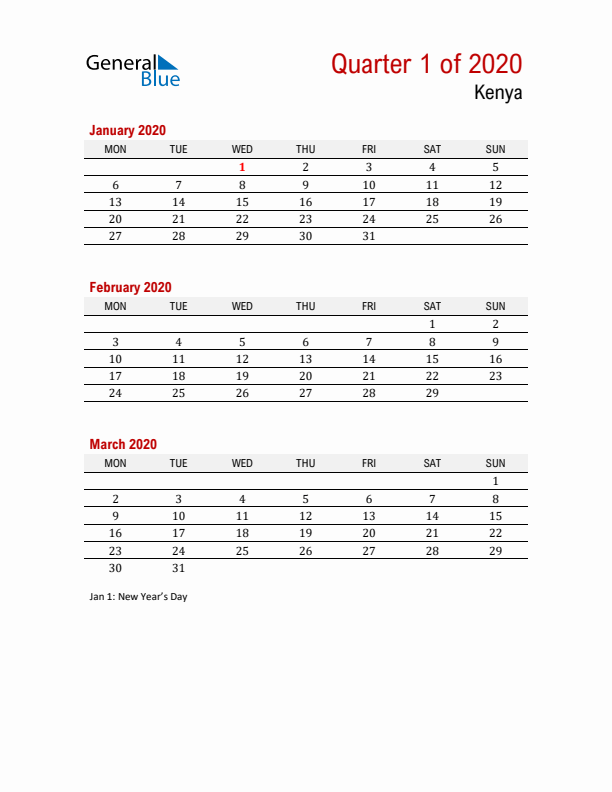 Printable Three Month Calendar with Kenya Holidays