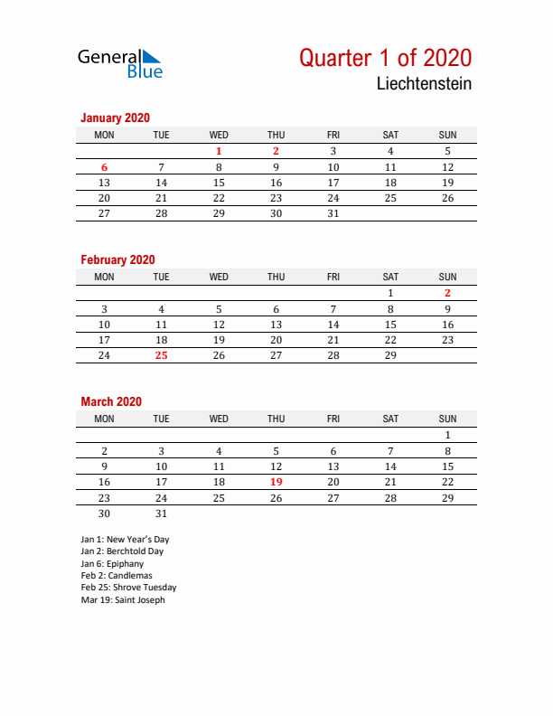 Printable Three Month Calendar with Liechtenstein Holidays