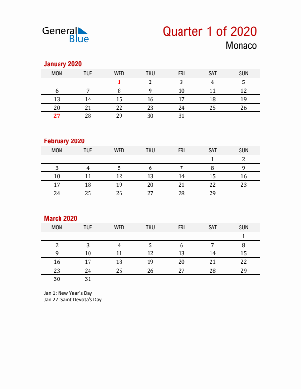 Printable Three Month Calendar with Monaco Holidays