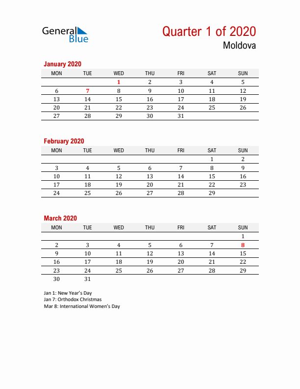 Printable Three Month Calendar with Moldova Holidays