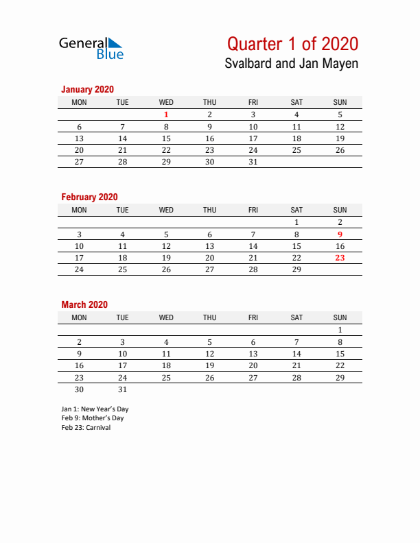 Printable Three Month Calendar with Svalbard and Jan Mayen Holidays