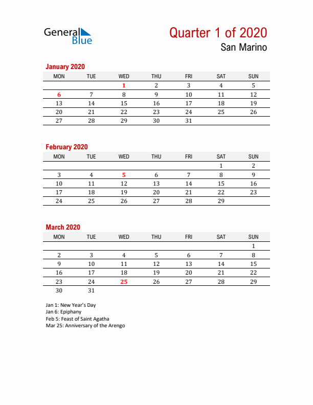 Printable Three Month Calendar with San Marino Holidays