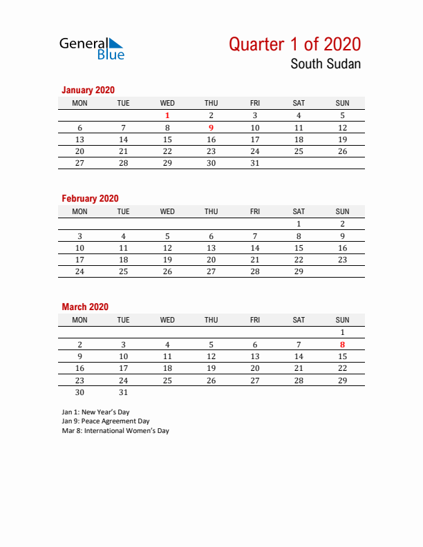 Printable Three Month Calendar with South Sudan Holidays