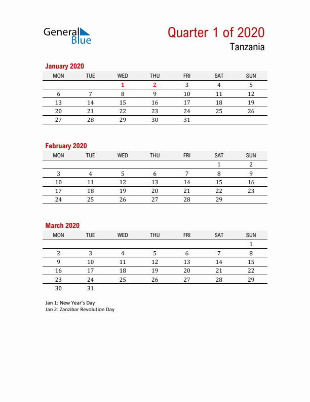 Printable Three Month Calendar with Tanzania Holidays