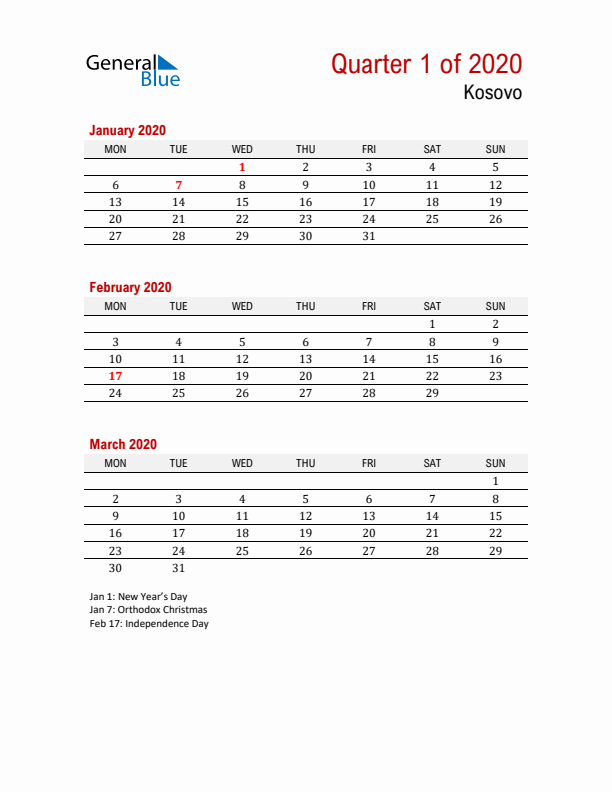 Printable Three Month Calendar with Kosovo Holidays