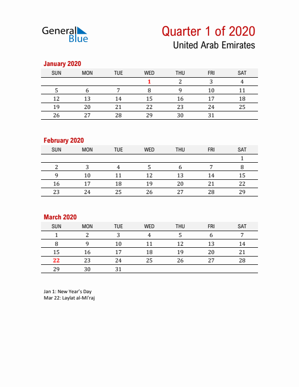 Printable Three Month Calendar with United Arab Emirates Holidays