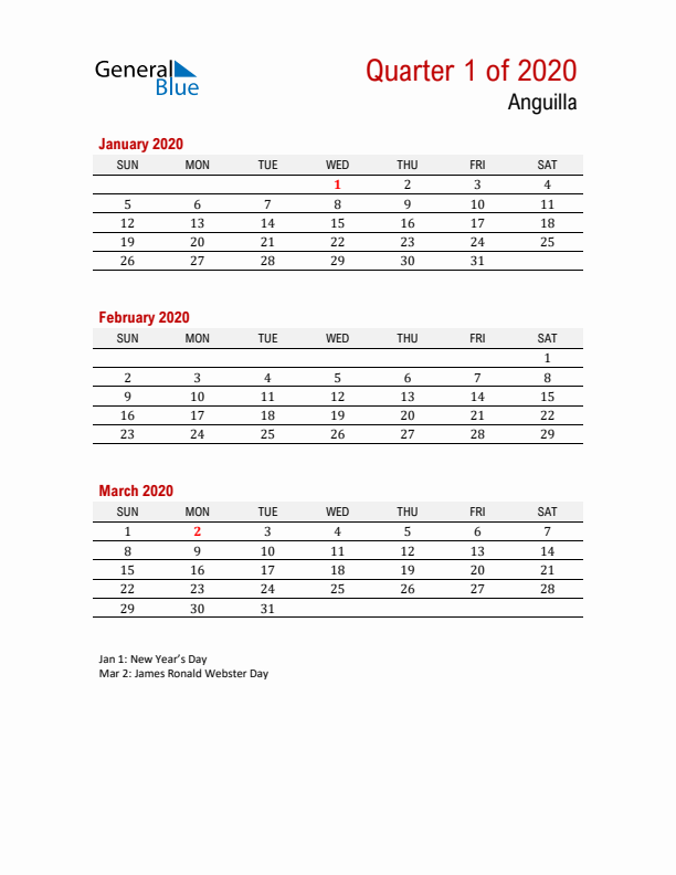 Printable Three Month Calendar with Anguilla Holidays